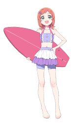 1girl :d absurdres aqua_eyes barefoot center_frills flat_chest frills full_body hair_ornament hairclip halterneck hand_on_own_hip highres hiji_rida holding holding_surfboard inukai_iroha layered_skirt midriff navel open_mouth orange_hair precure short_bangs short_hair short_hair_with_long_locks shorts simple_background skirt smile solo standing surfboard swimsuit white_background wonderful_precure!
