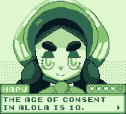Rule 34 | 1girl, animated, calamity33, closed mouth, dialogue box, english text, female focus, hapu (pokemon), heart, looping animation, monochrome, nintendo, pixel art, pokemon, pokemon sm, smile, solo, straight-on, video