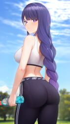 1girl alternate_costume ass blue_sky bottle braid brand_name_imitation breasts cloud cowboy_shot day genshin_impact highres holding holding_bottle large_breasts long_hair low-braided_long_hair low-tied_long_hair outdoors pants purple_eyes purple_hair raiden_shogun sky solo sports_bra sports_drink sportswear very_long_hair yisusjpl yoga_pants