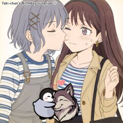 Rule 34 | 2girls, animalization, bang dream!, bang dream! it&#039;s mygo!!!!!, bird, black hairband, blue shirt, blush, brown hair, commentary, grey hair, grey overalls, hairband, kiss, kissing cheek, long hair, mocaraneru, mole, mole under eye, multiple girls, overalls, penguin, purple eyes, shiina taki, shirt, short hair, simple background, striped clothes, striped shirt, sweatdrop, takamatsu tomori, upper body, white background, wolf, yuri