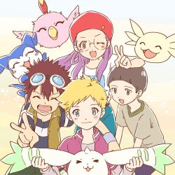 chibimon digimon digimon_adventure_02 digimon_adventure_02:_digimon_hurricane_jouriku!!_chouzetsu_shinka!!_ougon_no_digimental glasses hat hida_iori highres horn inoue_miyako lopmon motomiya_daisuke one_eye_closed poromon upamon v wallace_(digimon) wink