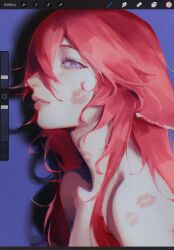 animal_ears art_program_in_frame blue_background fox_ears fox_girl from_side genshin_impact highres implied_nudity lipstick_mark lipstick_mark_on_arm lipstick_mark_on_cheek lipstick_mark_on_neck looking_at_viewer lyrah parted_lips pink_eyes pink_lips red_hair sideways_glance simple_background unfinished upper_body yae_miko