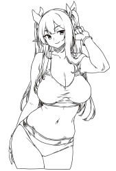1girl bra bracelet breasts cleavage elf elf_(houtengeki) hair_ribbon highres houtengeki jewelry large_breasts lineart long_hair looking_at_viewer monochrome navel original panties pointy_ears ribbon simple_background smile solo standing twintails underwear white_background
