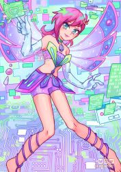 1girl akuo bare_shoulders elbow_gloves fairy fairy_wings gloves hair_ornament hairpin legs pink_hair smile solo tecna_(winx_club) wings winx_club