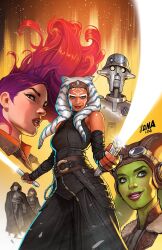 1boy 1other 4girls ahsoka_tano alien baylan_skoll blue_eyes brown_eyes cloak colored_skin david_nakayama dual_wielding energy_sword green_skin hera_syndulla highres holding holding_sword holding_weapon hood hooded_cloak huyang_(star_wars) initial lightsaber multicolored_hair multiple_girls official_art orange_skin purple_hair red_hair robot sabine_wren shin_hati star_wars star_wars:_ahsoka sword togruta twi&#039;lek two-tone_hair weapon white_lightsaber