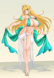 absurdres adapted_costume bare_arms blonde_hair breasts cameltoe cleavage core_crystal_(xenoblade) covered_erect_nipples dancer earrings feichu_keju hanging_breasts harem_outfit highres huge_breasts jewelry mythra_(xenoblade) sandals simple_background tiara xenoblade_chronicles_(series) xenoblade_chronicles_2 yellow_eyes