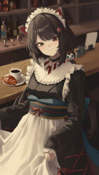 1girl absurdres animal_ears apron art_mu bar_(place) belt_collar black_collar black_hair black_kimono bottle closed_mouth coffee collar croissant cup dog_ears dog_girl dog_hair_ornament flower food frilled_kimono frills hair_flower hair_ornament head_tilt heterochromia highres inui_toko inui_toko_(1st_costume) japanese_clothes kimono long_hair looking_at_viewer low_twintails maid maid_headdress nijisanji obi plate red_eyes red_flower sash smile solo twintails very_long_hair virtual_youtuber wa_maid white_apron yellow_eyes