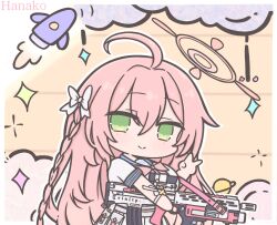 1girl ahoge assault_rifle blue_archive breasts character_name chibi chibi_only futaba_(anti_clockwise) green_eyes gun halo hanako_(blue_archive) holding holding_gun holding_weapon large_breasts long_hair looking_at_viewer pink_hair pink_halo pleated_skirt rifle rocket shirt short_sleeves skirt solo very_long_hair weapon white_shirt white_skirt