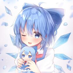 1girl ahoge blue_bow blue_dress blue_eyes blue_hair blush bow character_doll chinese_commentary cirno collared_shirt commentary_request dress eyes_visible_through_hair fumo_(doll) hair_between_eyes hair_bow highres holding holding_stuffed_toy ice ice_wings icicle neck_ribbon noyang one_eye_closed open_mouth red_ribbon ribbon shirt short_hair smile solo stuffed_toy touhou upper_body variant_set white_shirt wings
