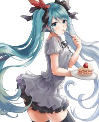 1girl aqua_hair black_ribbon black_skirt black_thighhighs blue_eyes breasts cake commentary_request food fork frilled_shirt frills from_side frown hair_ribbon hatsune_miku highres holding holding_fork holding_plate long_hair looking_at_viewer miniskirt neck_ribbon plate pleated_skirt ribbon shirt short_sleeves simple_background skirt solo standing strawberry_cake swept_bangs thighhighs twintails very_long_hair vocaloid white_background white_shirt world_is_mine_(vocaloid) yoshiki1020 zettai_ryouiki