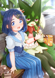 1girl :d absurdres alternate_costume bag bench blue_eyes blue_skirt buttons commentary_request food hair_ornament hairclip highres liko_(pokemon) long_skirt looking_at_viewer meowscarada nintendo open_mouth pleated_skirt pokemon pokemon_(anime) pokemon_(creature) pokemon_horizons shirt short_sleeves sitting skirt smile sparkle suzushiro_(gripen39) swept_bangs tongue waving white_shirt wrist_straps