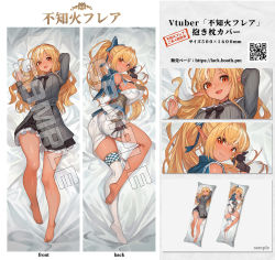 1girl ad ahoge ass bare_legs barefoot bed_sheet black_gloves black_ribbon blonde_hair blush bow breasts butt_crack character_name chinese_clothes closed_mouth clothing_cutout commentary dakimakura_(medium) dark-skinned_female dark_skin dress elf english_text full_body gloves grey_dress hair_bow highres hololive lack long_hair long_sleeves looking_at_viewer lying medium_breasts multicolored_hair multiple_views neck_ribbon official_alternate_costume official_art on_back on_side open_mouth pinstripe_dress pinstripe_pattern pointy_ears ponytail qr_code red_eyes ribbon sailor_collar sample_watermark shiranui_flare shiranui_flare_(street) short_dress shoulder_cutout sideboob single_thighhigh smile streaked_hair striped_clothes striped_dress thighhighs thighs two-tone_hair vertical-striped_clothes vertical-striped_dress virtual_youtuber watermark web_address white_hair white_thighhighs