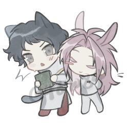Rule 34 | 2boys, ^^^, animal ears, antenna hair, arms behind back, belt, black belt, black hair, blush stickers, book, capelet, cat boy, cat ears, cat tail, chibi, chibi only, chinese commentary, chunaizhanshi23057, closed eyes, coat, colored eyelashes, commentary request, curtained hair, gold trim, grey belt, grey eyes, hatsutori hajime, highres, holding, holding book, kemonomimi mode, long hair, long sleeves, male focus, multiple boys, notice lines, open mouth, pants, parted bangs, pink hair, rabbit boy, rabbit ears, rabbit tail, red pants, saibou shinkyoku, shirt, short hair, simple background, single blush sticker, surprised, sweat, tail, triangle mouth, tsurime, utsugi noriyuki, v-shaped eyebrows, watermark, white background, white capelet, white coat, white hands, white shirt