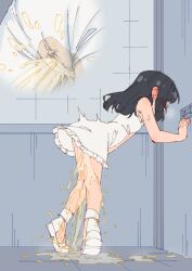 1girl absurdres between_legs black_hair blush commentary_request dress embarrassed flat_chest hand_between_legs have_to_pee highres large_variant_set long_hair multiple_views original pee pee_stain peeing peeing_self rune_(dualhart) sandals standing toes variant_set white_dress white_sandals