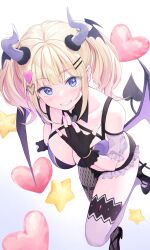 1girl asymmetrical_legwear black_bra black_collar black_gloves black_panties blonde_hair blue_eyes bra breasts cleavage collar criss-cross_halter demon_girl demon_horns demon_tail demon_wings detached_collar detached_sleeves fingerless_gloves frilled_panties frills fur_trim gloves grin hair_ornament hairclip halterneck head_wings heart heart_o-ring high_heels highres horns large_breasts mary_janes mismatched_legwear nail_polish o-ring original panties pasdar pink_nails puffy_detached_sleeves puffy_sleeves purple_bra shoes single_fishnet_legwear single_leg_pantyhose single_thighhigh smile solo star_(symbol) tail thigh_strap thighhighs twintails two-tone_bra underwear wings
