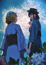 2girls ^_^ absurdres aerial_fireworks aliaos alternate_costume bag bagged_fish black_hair black_hat blonde_hair blue_flower blurry blurry_foreground bow chinese_commentary closed_eyes commentary_request earrings fireworks fish flower from_behind goldfish hair_up hat hat_bow highres hydrangea japanese_clothes jewelry kimono leaf long_sleeves maribel_hearn medium_hair mob_cap multiple_girls night night_sky obi open_mouth pink_flower sash sidelocks sky smile standing stud_earrings summer_festival touhou usami_renko white_bow white_hat wide_sleeves yukata