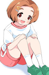 1girl :d absurdres blush brown_eyes brown_hair collarbone commentary_request forehead full_body green_shoes gym_shirt gym_shorts gym_uniform hair_ornament hairclip hands_on_own_knees highres idolmaster idolmaster_cinderella_girls lemon_pan open_mouth parted_bangs puffy_short_sleeves puffy_sleeves red_shorts ryuzaki_kaoru shirt shoes short_sleeves shorts simple_background smile socks solo thick_eyebrows white_background white_shirt white_socks