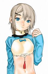 1girl blue_eyes breasts crop_top expressionless grey_hair high_collar highres kennomou looking_at_viewer medium_hair navel original simple_background sleeves_past_wrists small_breasts solo tassel upper_body white_background