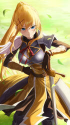1girl absurdres armor black_bodysuit black_boots blonde_hair blue_eyes blush bodysuit boots breastplate breasts chinese_commentary closed_mouth commentary_request darkness_(konosuba) day eyelashes eyes_visible_through_hair falling_leaves feet_out_of_frame floating_hair grass hair_between_eyes hair_ornament hand_on_own_hip highres holding holding_sword holding_weapon kono_subarashii_sekai_ni_shukufuku_wo! large_breasts leaf long_hair long_sleeves looking_at_viewer outdoors ponytail ponytail_with_braided_base re_naya shoulder_armor sidelighting sidelocks skirt smile solo split_mouth standing straight_hair sword tsurime very_long_hair weapon wind x_hair_ornament yellow_skirt
