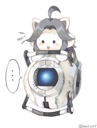 ... 1boy 1girl ahoge animal animal_ears black_eyes blue_eyes blue_shirt blush cat cat_ears crossover dot_eyes grey_hair half-closed_eyes long_hair looking_at_another monster open_mouth portal_(series) portal_1 rento_(rukeai) robot shirt simple_background speech_bubble spoken_ellipsis striped_clothes striped_shirt sweatdrop temmie undertale wheatley white_background