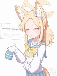 1girl :&lt; absurdres alternate_costume alternate_hairstyle animal animal_ear_fluff animal_ears artist_logo artist_name bird bird_on_hand blonde_hair blue_archive blue_sailor_collar blue_skirt blue_sleeve_cuffs bow bowtie bright_pupils closed_mouth commentary_request cosplay cross_halo ear_flower ear_wreath flower flower_wreath forehead fox_ears fox_girl fox_tail green_eyes hair_flower hair_ornament half-closed_eyes halo high_ponytail highres jitome logo long-tailed_tit long_hair long_sidelocks long_sleeves looking_at_viewer mugisepa multicolored_eyes odaibako parted_bangs pink_eyes pleated_skirt ponytail request_inset rose sailor_collar sailor_shirt school_emblem school_uniform seia_(blue_archive) serafuku shirt sidelocks simple_background skirt sleeve_cuffs sleeves_past_fingers sleeves_past_wrists solo tail tit_(bird) trinity_general_school_logo trinity_student_(blue_archive) trinity_student_(blue_archive)_(cosplay) two-tone_eyes upper_body white_background white_flower white_pupils white_rose white_shirt yellow_bow yellow_bowtie yellow_halo yellow_tail