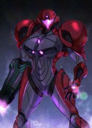 1girl arm_cannon armor assault_visor cropped_legs full_armor helmet highres metroid metroid_prime_4:_beyond neon_trim nintendo pink_visor power_armor power_suit samus_aran solo wakaba_(wata_ridley) weapon