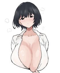 1girl absurdres black_eyes black_hair blush breasts cleavage clothes_pull collarbone collared_shirt commentary cropped_arms cropped_torso half-closed_eyes highres huge_breasts looking_at_viewer no_pupils original parted_lips peace_peace009 pulling_own_clothes shirt shirt_pull short_hair simple_background solo steaming_body upper_body white_background white_shirt