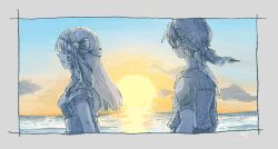 Rule 34 | 1boy, 1girl, armlet, armor, artist name, beach, black shirt, border, breasts, chainmail, chrono cross, closed eyes, grey border, hair ribbon, hairband, jewelry, leena (chrono cross), long hair, medium breasts, michibata 65, ocean, open mouth, print bandana, ribbon, serge (chrono cross), shirt, short hair, short sleeves, sidelocks, sun, sunset, talking, upper body, vest