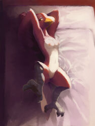 1girl ajin_(ajinhdremix) animal_feet arm_behind_head arms_up artist_name barefoot beak bed_sheet bird_girl bird_legs body_fur breasts claws cleft_of_venus collarbone completely_nude dakimakura_(medium) dated feathered_wings female_focus from_above full_body furry furry_female half-closed_eyes highres indoors leg_up legs looking_at_viewer lying misa_(zelda) navel nintendo nipples nude on_back on_bed orange_eyes parted_lips pussy red_fur red_hair rito short_hair signature small_breasts solo spread_legs stomach the_legend_of_zelda the_legend_of_zelda:_breath_of_the_wild thighs two-tone_fur uncensored white_fur winged_arms wings