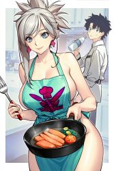 1boy 1girl absurdres apron asymmetrical_hair blue_eyes bottle breasts cooking dynamitenatalia earrings fate/grand_order fate_(series) food frying_pan fujimaru_ritsuka_(male) grey_hair highres holding holding_bottle holding_frying_pan holding_spatula jewelry kitchen large_breasts lips looking_at_viewer miyamoto_musashi_(fate) naked_apron shirt smile solo_focus spatula water_bottle white_shirt