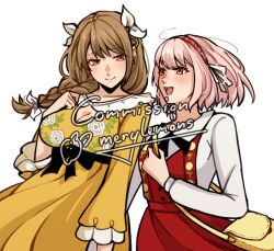 Rule 34 | 2girls, artist name, braid, breasts, brown hair, cleavage, cleavage cutout, clothing cutout, commission, dress, fire emblem, fire emblem engage, goldmary (fire emblem), hair ribbon, hairband, highres, lapis (fire emblem), large breasts, merylemons, multiple girls, nintendo, pink eyes, pink hair, red dress, red hairband, ribbon, shirt under dress, two-tone hairband, white ribbon, yellow dress