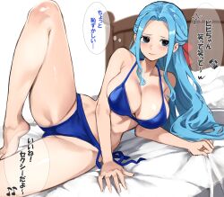 Rule 34 | 1girl, alternate costume, bare legs, barefoot, bed sheet, bikini, blue bikini, blue hair, breasts, commentary request, forehead, half updo, halterneck, highres, kasumi 6, knee up, large breasts, long hair, looking at viewer, nefertari vivi, on bed, one piece, sheet grab, side-tie bikini bottom, solo, speech bubble, stomach, string bikini, swimsuit, thought bubble, translation request, very long hair