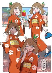 1girl alternate_costume blue_sandals blush brown_hair candy_apple commentary_request food grey_eyes highres holding holding_candy_apple holding_food japanese_clothes kimono long_hair looking_at_viewer makademia may_(pokemon) nintendo obi orange_kimono pokemon pokemon_oras pov sandals sash smile translation_request wide_sleeves