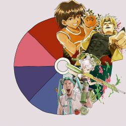 1girl 3boys abs aqua_hair aqua_nails aqua_necktie black_eyes black_nails blonde_hair brown_hair cabbage color_connection color_wheel color_wheel_challenge crossover dark-skinned_male dark_skin dio_brando earrings fangs food fruit gloves grey_hair hatsune_miku heart_headband highres holding holding_food holding_fruit inkling jerma985_(person) jewelry jojo_no_kimyou_na_bouken kel_(faraway)_(omori) kel_(omori) long_hair long_sleeves looking_at_viewer marie_(splatoon) mole mole_under_eye multiple_boys multiple_crossover multiple_drawing_challenge muscular muscular_male necktie nintendo object_on_head omori orange_(fruit) orange_tank_top pointy_ears poppippoo_(vocaloid) sapgoon shirt short_hair sleeveless sleeveless_shirt smile splatoon_(series) splatoon_1 stardust_crusaders tank_top teeth tentacle_hair tomato twintails vegetable vegetable_juice very_long_hair vocaloid white_gloves