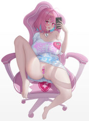 1girl ahoge armpit_crease ass bandaid bandaid_on_pussy bare_legs barefoot belt_collar blue_hair blush bob_cut bone_print breasts cellphone chair choker collar collarbone colored_inner_hair eyebrows_hidden_by_hair fang feet fingernails gaming_chair gradient_background hair_intakes heart heart-shaped_lock heart_collar heart_on_chest heart_print highres holding holding_phone huge_breasts idolmaster idolmaster_cinderella_girls idolmaster_cinderella_girls_starlight_stage knee_up large_breasts legs light_blue_hair looking_at_viewer lower_teeth_only multicolored_hair open_mouth oversized_clothes oversized_shirt phone pink_bandaid pink_choker pink_eyes pink_hair pink_heart print_shirt raised_eyebrows ruinabyss selfie shirt short_sleeves single_bare_shoulder sitting skeleton_print skin_fang smartphone solo sparkle_print swivel_chair t-shirt teeth thighs toenails two-tone_hair white_background white_shirt yumemi_riamu