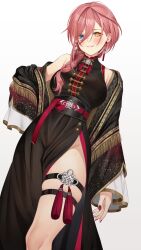 1girl absurdres black_dress blue_eyes blush braid braided_ponytail breasts cross-shaped_pupils dress dutch_angle earrings gold_trim hair_behind_ear hair_between_eyes heterochromia highres hololive jewelry large_breasts long_hair_between_eyes looking_at_viewer mismatched_pupils parted_lips pink_hair red_nails side_slit simple_background skindentation sleeveless sleeveless_dress smile solo symbol-shaped_pupils takane_lui takane_lui_(5th_costume) tassel tassel_earrings teeth thigh_strap underbust virtual_youtuber white_background yellow_eyes yuya_(yuya_illust)