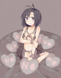 1girl antenna_hair black_eyes black_hair collarbone idolmaster idolmaster_(classic) kikuchi_makoto kneeling looking_at_viewer navel no pillow short_hair shoukei_inori tongue tongue_out yes-no_pillow