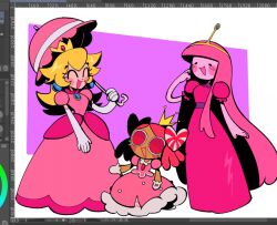 2girls 3girls adventure_time blonde_hair blue_eyes colored_skin cookie_run crossover crown dress earrings gloves jewelry long_hair mario_(series) multiple_crossover multiple_girls nintendo open_mouth pink_hair princess princess_bonnibel_bubblegum princess_cookie princess_peach short_hair smile sphere_earrings tiara yanana_ua