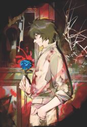 Rule 34 | 1boy, blood, blood on clothes, blue flower, blue rose, brown eyes, brown hair, brown pants, collared shirt, enmokuritsu-d, flower, from side, grey shirt, half-closed eyes, hand in pocket, highres, holding, holding flower, indoors, looking down, male focus, painting (object), pants, rose, scar, scar on face, scar on mouth, scar on nose, shirt, short hair, sleeves rolled up, slow damage, solo, towa (slow damage)
