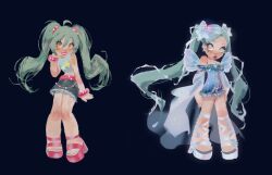 Rule 34 | 1girl, ahoge, aqua hair, bangle, bare legs, bare shoulders, beads, belt, black background, blue bow, blue dress, blue eyeshadow, blue nails, blue pupils, blue ribbon, blue skirt, blue sleeves, blue wings, bow, bracelet, brooch, closed mouth, commentary, crop top, denim, denim skirt, detached sleeves, dress, english commentary, expressionless, eyelashes, eyeshadow, facial tattoo, fairy, fairy wings, frilled dress, frills, fur-trimmed skirt, fur trim, glitter, hair between eyes, hair bow, hair ornament, hair ribbon, hair scrunchie, hand on own cheek, hand on own face, happy, high heel sandals, jewelry, knees, leg ribbon, light blush, light frown, lipstick, long hair, long sleeves, magical girl, makeup, midriff, miniskirt, nail polish, open mouth, original, painterly, pink belt, pink lips, pink sandals, pink scrunchie, platform sandals, ribbon, sandals, scrunchie, shirt, short dress, simple background, skirt, sleeveless, sleeveless shirt, smile, standing, star (symbol), star brooch, star print, star tattoo, stardust axel, strapless, strapless dress, tareme, tattoo, teeth, toenail polish, toenails, twintails, variations, wavy hair, white ribbon, white sandals, white shirt, wide sleeves, wings, winx club, yellow eyes
