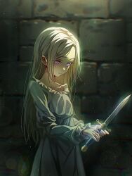 1girl aged_down blue_dress child closed_mouth commentary_request dagger dress edelgard_von_hresvelg edelgard_von_hresvelg_(young) fire_emblem fire_emblem:_three_houses grey_hair highres holding holding_dagger holding_knife holding_weapon knife korean_commentary long_hair long_sleeves looking_down nintendo sidelocks solo soma_otakuu standing stone_wall weapon