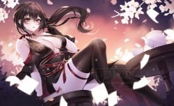 1girl absurdres black_dress black_gloves black_thighhighs breasts brown_eyes brown_hair cleavage commission cup drawinggranny dress earrings floral_print floral_print_dress flower gloves highres jewelry long_hair mole mole_under_eye original parted_lips print_dress red_ribbon ribbon sitting solo table teacup teapot thigh_strap thighhighs white_flower