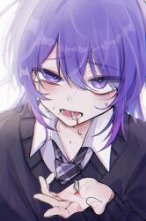 Rule 34 | 1boy, black necktie, black sweater, blood, blood from mouth, blood on hands, blush, collared shirt, commentary, crying, crying with eyes open, eyes visible through hair, film grain, hand up, highres, kyuri tiaotiao, long hair, long sleeves, male focus, necktie, open collar, open mouth, original, purple eyes, purple hair, razor blade, shirt, solo, sweater, tears, uneven eyes, upper body, white background, white shirt