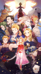 amano_yoshitaka_design bad_id bad_pixiv_id bare_shoulders blonde_hair blue_eyes breasts cyan_garamonde cefca_palazzo celes_chere closed_mouth detached_sleeves dress earrings edgar_roni_figaro elbow_gloves final_fantasy final_fantasy_vi gau gloves gogo green_eyes highres jewelry locke_cole long_hair looking_at_viewer sabin_rene_figaro mog multiple_boys multiple_girls pantyhose ponytail relm_arrowny setzer_gabbiani shadow_(ff6) smile strago_magus sword tina_branford umaro weapon yawai_tofu