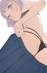 Rule 34 | 1girl, ass, black panties, blue skirt, bra, closed mouth, grey bra, grey eyes, grey hair, highres, hiroki (yyqw7151), looking at viewer, original, panties, pleated skirt, polka dot, polka dot bra, short hair, simple background, skirt, solo, underwear, white background