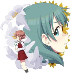 2girls black_socks brown_hair closed_eyes closed_mouth commission double_bun flower green_eyes green_hair hair_bun hidamari_sketch highres hiro_(hidamari_sketch) holding holding_flower long_sleeves multiple_girls natsume_(hidamari_sketch) pixiv_commission school_uniform short_hair smile socks transparent_background waste-man yamabuki_high_school_uniform