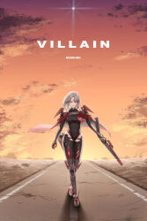 1girl absurdres armor armored_boots armored_gloves arms_at_sides artist_name bare_shoulders boots breastplate buckle cape cloud collarbone commentary covered_navel drake_(nikke) elbow_gloves english_commentary english_text floating_cape gloves goddess_of_victory:_nikke gun hair_ribbon highres holding holding_gun holding_weapon holster leotard looking_at_viewer noorung outdoors parted_bangs red_eyes ribbon road short_hair shotgun shoulder_armor solo star_(sky) sunset thigh_armor thigh_holster thighhighs tress_ribbon trigger_discipline weapon white_hair