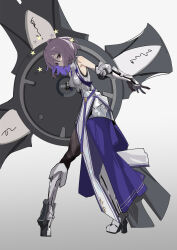 1girl absurdres armor armored_boots bare_shoulders boots breastplate colored_inner_hair fate/grand_order fate_(series) full_body gauntlets gradient_background grey_background highres holding holding_shield lord_camelot_(fate) mash_kyrielight mash_kyrielight_(paladin) moyao_(moyao27550711) multicolored_hair purple_eyes purple_hair shield short_hair simple_background solo standing white_armor