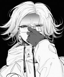 1boy aotsuki_eito coat disgust drawstring glasses gloves greyscale half-closed_eyes highres holding_nose long_sleeves looking_at_viewer male_focus monochrome nose_pinch palme310 shaded_face simple_background solo the_hundred_line_-last_defense_academy- upper_body