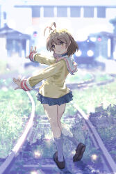 Rule 34 | 1girl, absurdres, akayama yukihe, antenna hair, blazer, blue skirt, blush, brown eyes, brown hair, brown shoes, clannad, commentary, dappled sunlight, day, from behind, full body, furukawa nagisa, grass, highres, hikarizaka private high school uniform, jacket, kneehighs, knees together feet apart, loafers, looking at viewer, looking back, miniskirt, open mouth, outdoors, outstretched arms, outstretched hand, pleated skirt, railroad tracks, sailor collar, school uniform, serafuku, shoes, short hair, skirt, smile, socks, solo, standing, sunlight, white sailor collar, white socks, yellow jacket, ||/